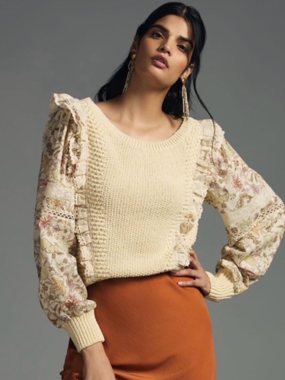 ANTHROPOLOGIE cream floral knit sweater top size small